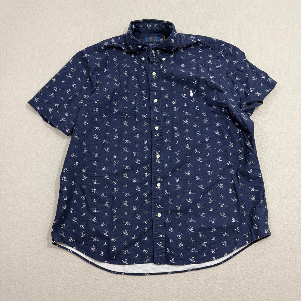 Polo Ralph Lauren Button Shirt Mens XXL Blue Nautical Anchor Print Classic Fit